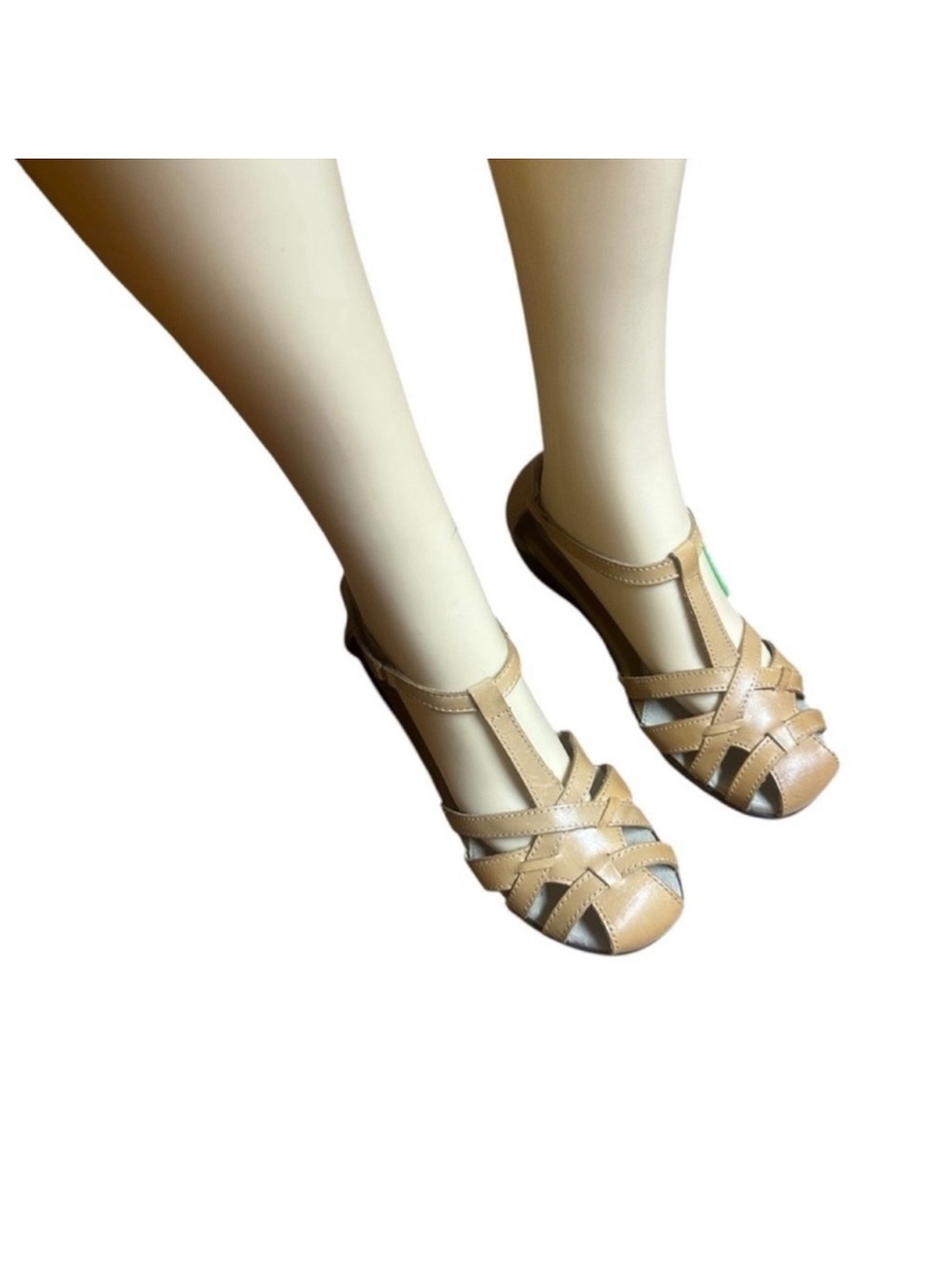 Women’s Tan Leather T-Strap Weave Closed Toe Sandals